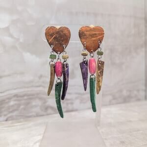 Vintage Clip On Earrings 3" Long Heart Shape Multi Colored Dangle Valentines